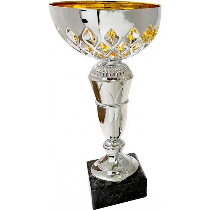 SILVER AND GOLD WITH CUT OUT DESIGN METAL TROPHY CUP ON TALL RISER-AVAILABLE IN 4 SIZES